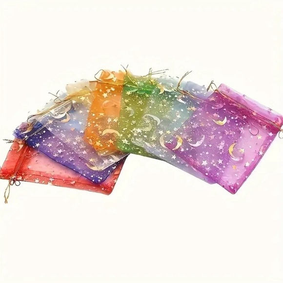 24 Multicolored Chiffon Drawstring Bags with Moon & Star Design - Picture 3 of 3